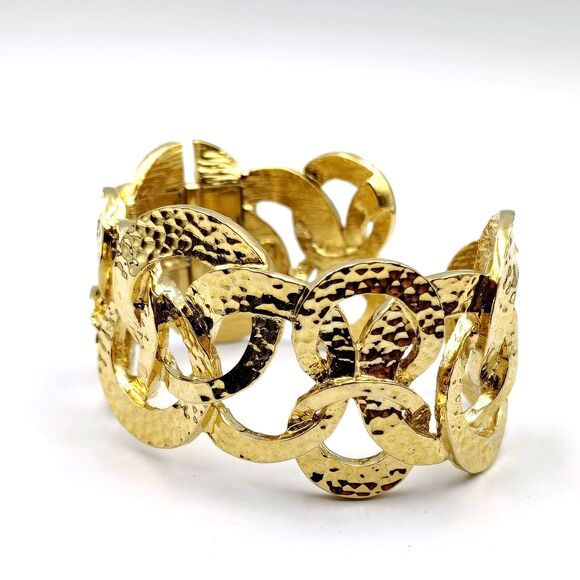 Kenneth Jay Lane KJL Gold Tone Round Textured Design Hinged Cuff Bracelet